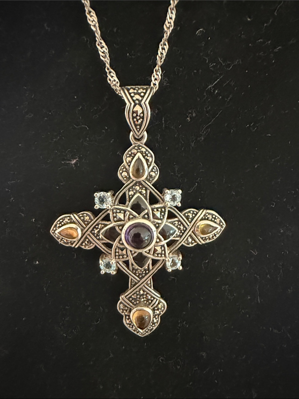 925 Vintage Sterling Silver Cross Pendant with Amethyst and Citrine Thailand